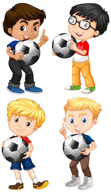 Vector gratuito conjunto de niño multicultural con fútbol.