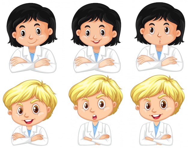 Conjunto de niño y niña en bata de ciencia con diferentes expresiones faciales