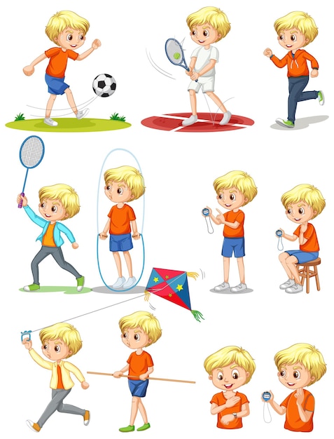 Vector gratuito conjunto de un niño realizando diferentes actividades.