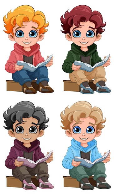 Conjunto de niño sentado y leyendo un libro.