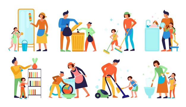 Conjunto de niños ayudando a los padres con la limpieza del hogar.