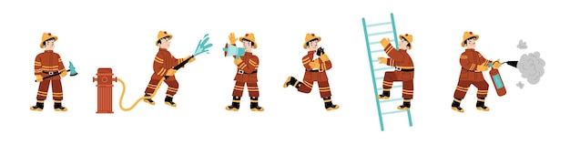 Conjunto de niños bomberos luchando con llamas