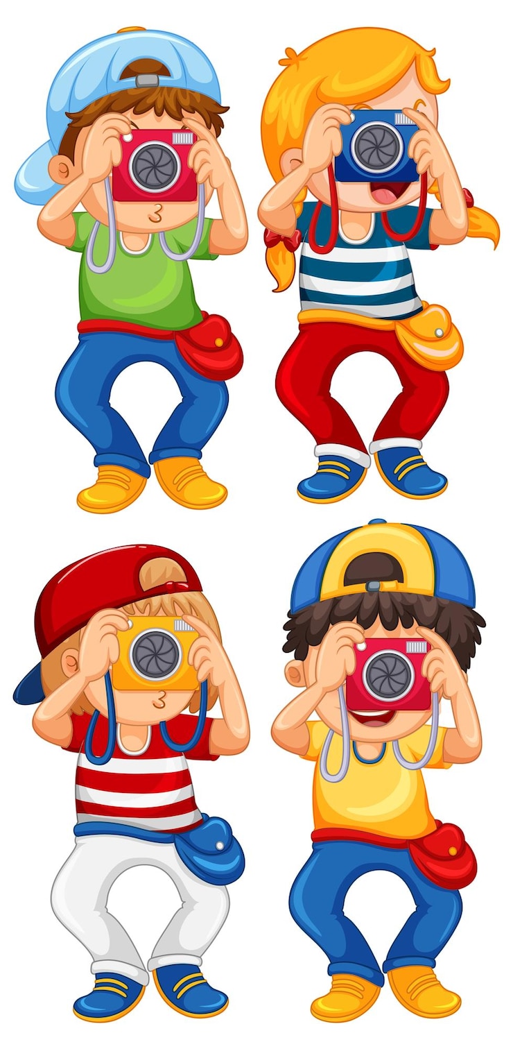 Vector gratuito conjunto de niños con cámara tomando fotos