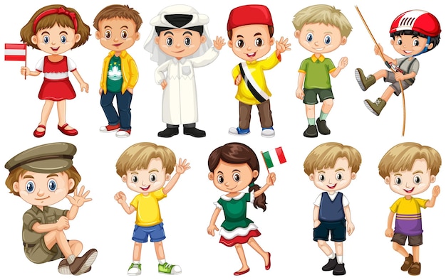 Vector gratuito conjunto de niños de diferentes nacionalidades.