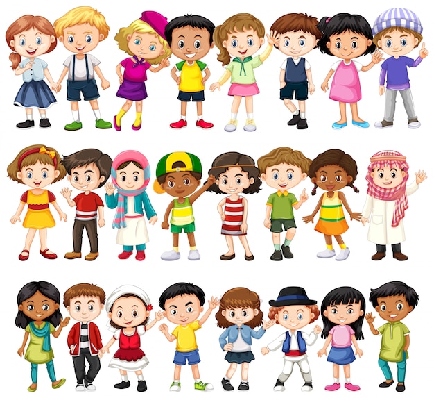 Vector gratuito conjunto de niños de diferentes razas.