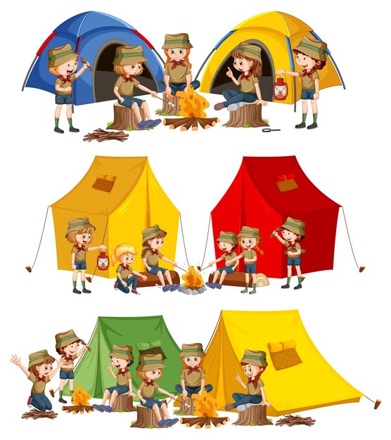 Conjunto de niños disfrutando del camping