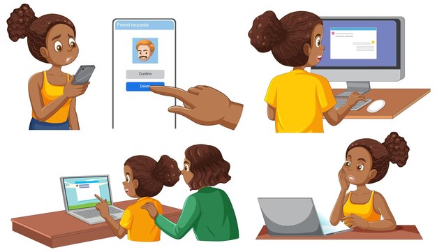 Conjunto de niños con dispositivos electrónicos en las redes sociales.