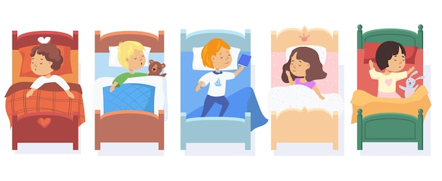 Conjunto de niños durmiendo en camas.
