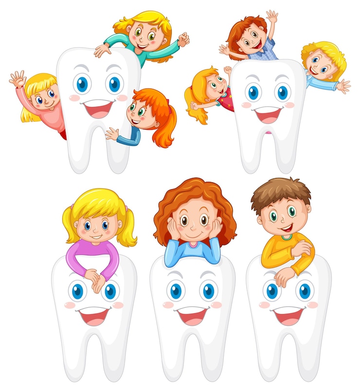Vector gratuito conjunto de niños felices abrazando un diente grande sobre fondo blanco.