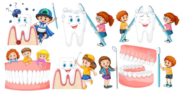 Conjunto de niños felices con equipo de limpieza dental en bac blanco