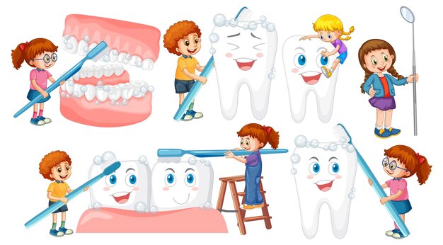 Conjunto de niños felices con equipo de limpieza dental en bac blanco