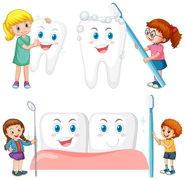 Conjunto de niños felices con equipo de limpieza dental en bac blanco