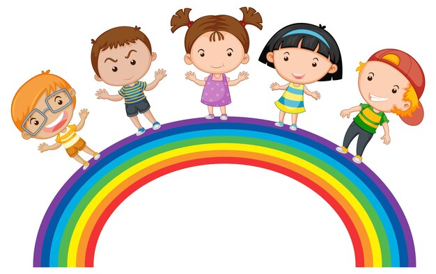 Conjunto de niños felices de pie en el arco iris