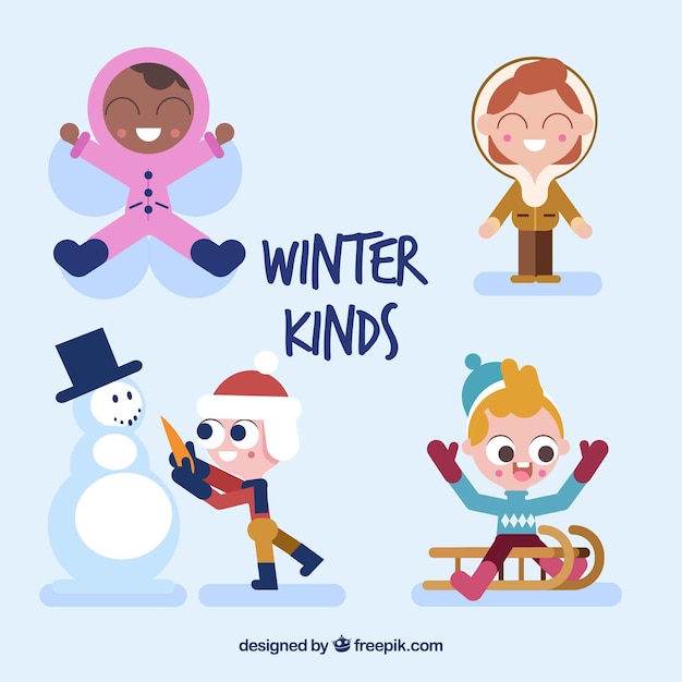 Vector gratuito conjunto de niños haciendo actividades de invierno