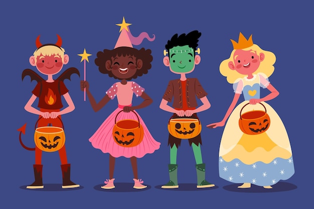 Vector gratuito conjunto de niños de halloween dibujados