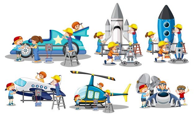 Vector gratuito conjunto de niños ingenieros