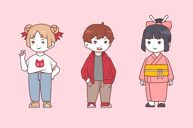 Vector gratuito conjunto de niños japoneses kawaii