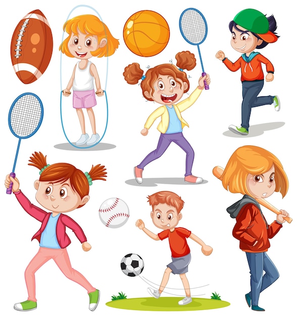 Vector gratuito conjunto de niños jugando diferentes deportes.