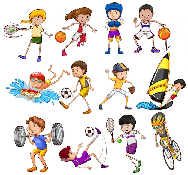 Conjunto de niños jugando diferentes tipos de deportes