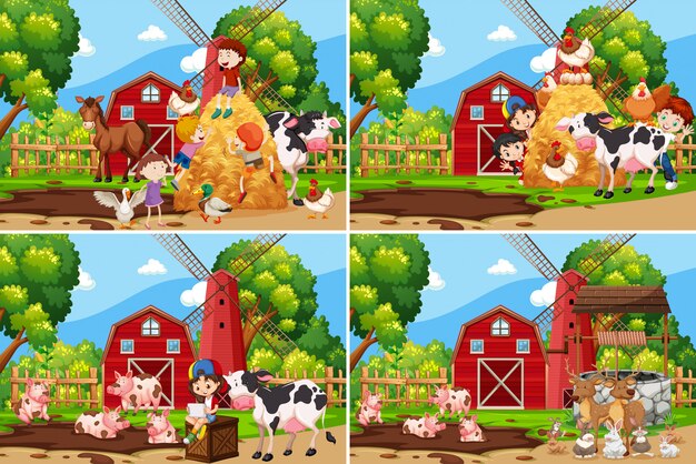 Conjunto de niños jugando en la granja