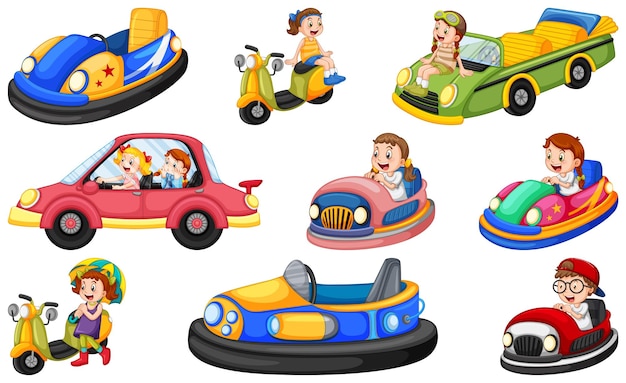 Vector gratuito conjunto de niños montando gokart