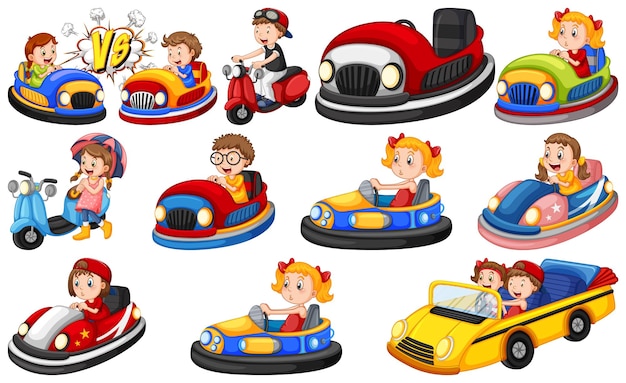 Conjunto de niños montando gokart