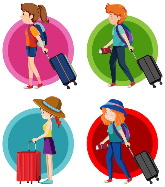 Conjunto de niños y niñas que viajan con una bolsa.