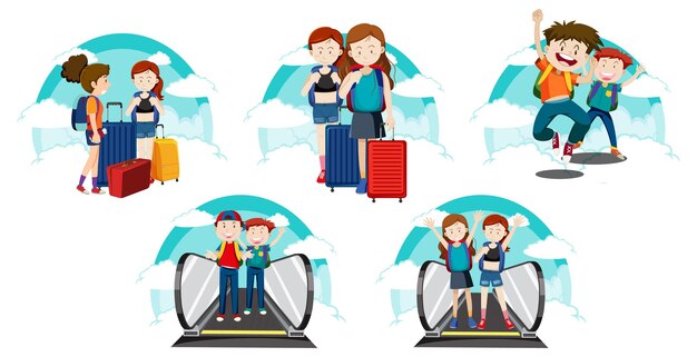 Un conjunto de niños y niñas de tema de vacaciones de viaje sobre fondo blanco
