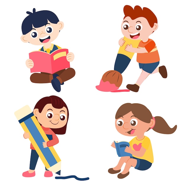 Conjunto de niños y niñas usan uniforme escolar con diseño de vector de caracteres de útiles escolares. presentación en varias acciones con emociones, caminar, pararse y reír. recurso gráfico para diseñador gráfico.