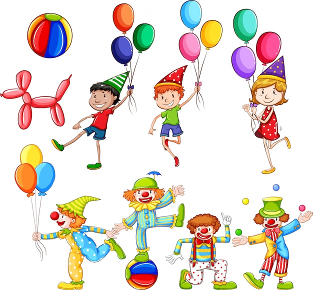 Conjunto de niños y payasos con globos