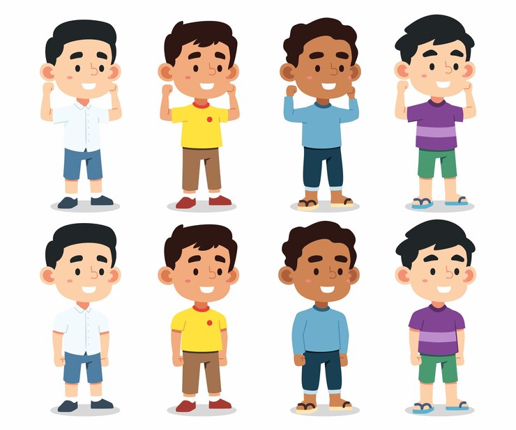 Vector gratuito conjunto de niños preescolares multiétnicos felices de pie en diferentes acciones