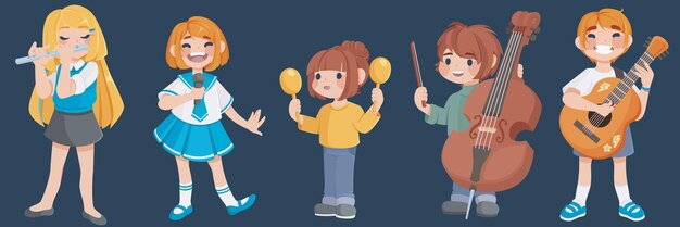Conjunto de niños que tocan instrumentos musicales