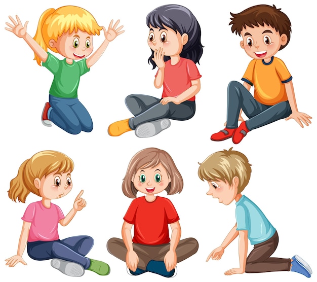 Conjunto de niños sentados personaje de dibujos animados