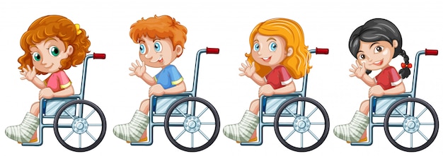 Vector gratuito conjunto de niños en silla de ruedas.