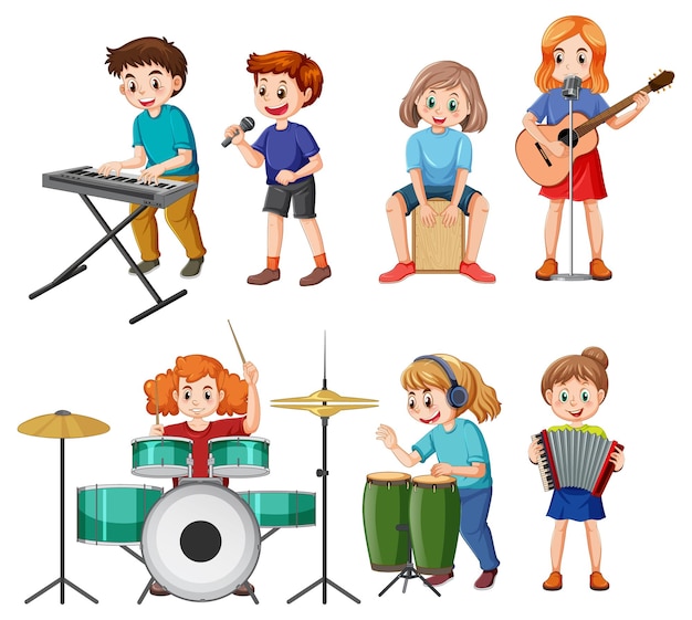 Conjunto de niños tocando diferentes instrumentos musicales.