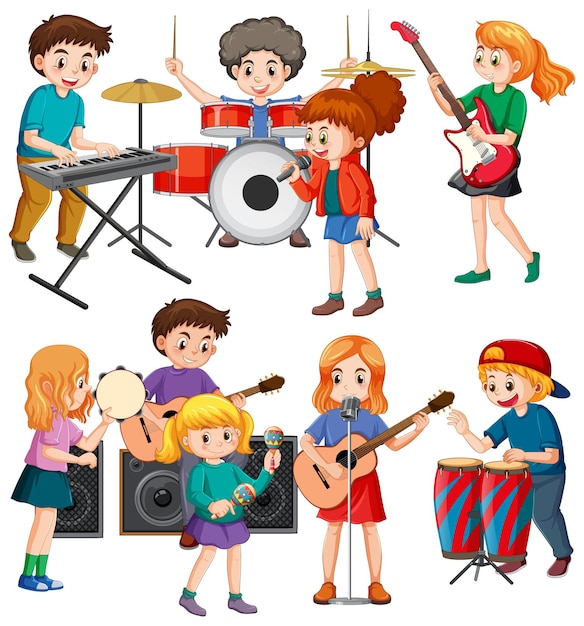 Vector gratuito conjunto de niños tocando diferentes instrumentos musicales.
