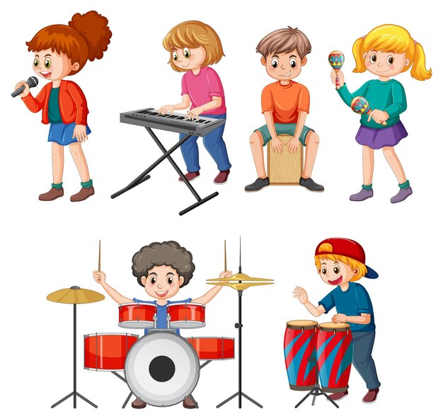 Conjunto de niños tocando diferentes instrumentos musicales.