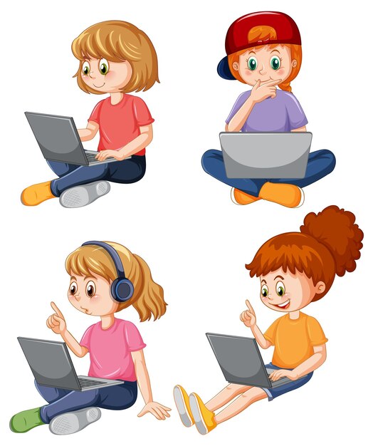 Conjunto de niños usando laptop
