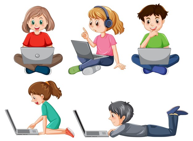 Conjunto de niños usando laptop