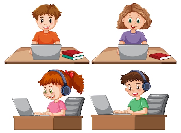 Vector gratuito conjunto de niños usando laptop