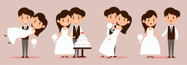 Conjunto de novios de boda linda pareja joven para boda para tarjeta de invitación en pose de diferencia, personaje de dibujos animados, ilustración