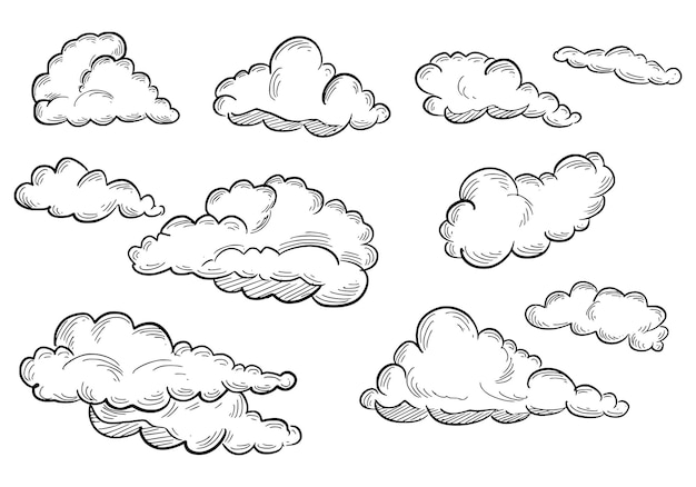 Conjunto de nubes en dibujo dibujado a mano