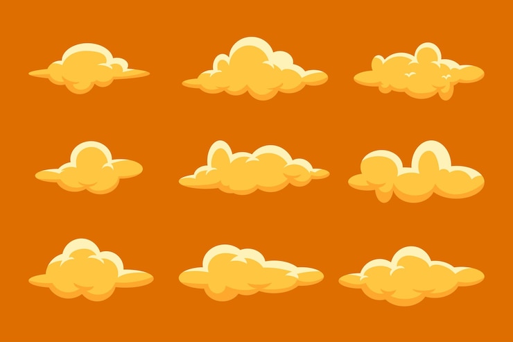 Vector gratuito conjunto de nubes de dibujos animados en un diseño plano nubes de dibujo animado amarillo esponjoso en un conjunto vectorial de cielo azul c