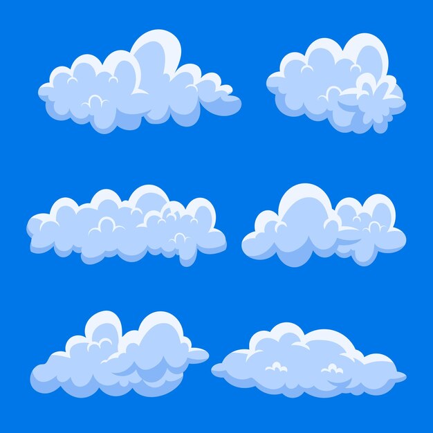 Conjunto de nubes de dibujos animados en un diseño plano Nubes de dibujo animado blancas espumosas en un conjunto vectorial de cielo azul C