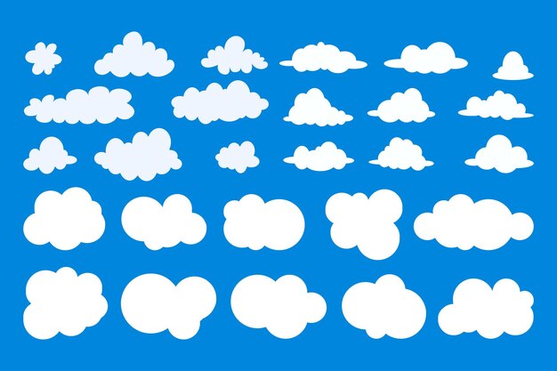 Conjunto de nubes de dibujos animados en un diseño plano Nubes de dibujo animado blancas espumosas en un conjunto vectorial de cielo azul C