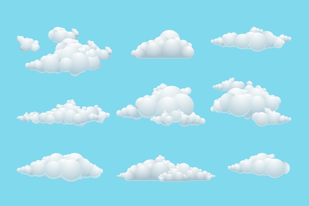 Conjunto de nubes de dibujos animados de vector. Clima de elemento blanco, cielo azul