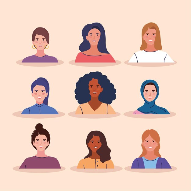 conjunto de nueve íconos con caras de mujeres