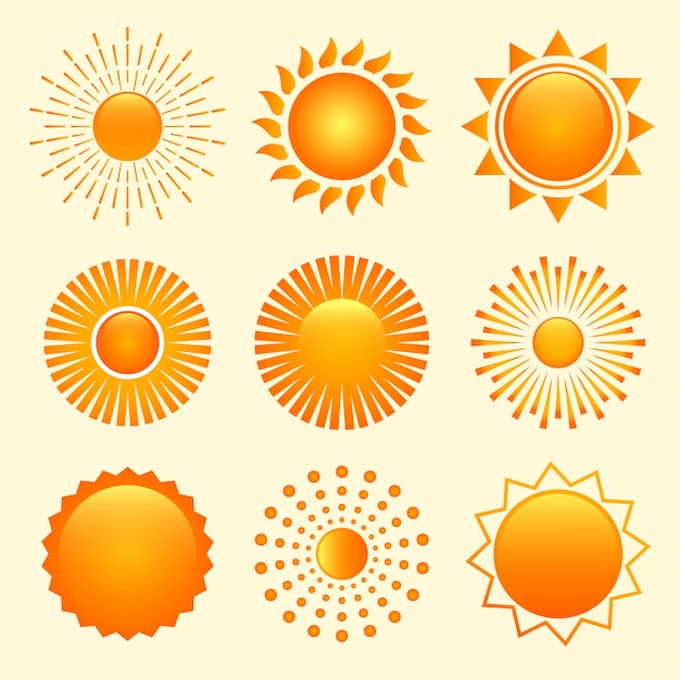 Vector gratuito conjunto de nueve iconos de formas de sol en diferentes estilos