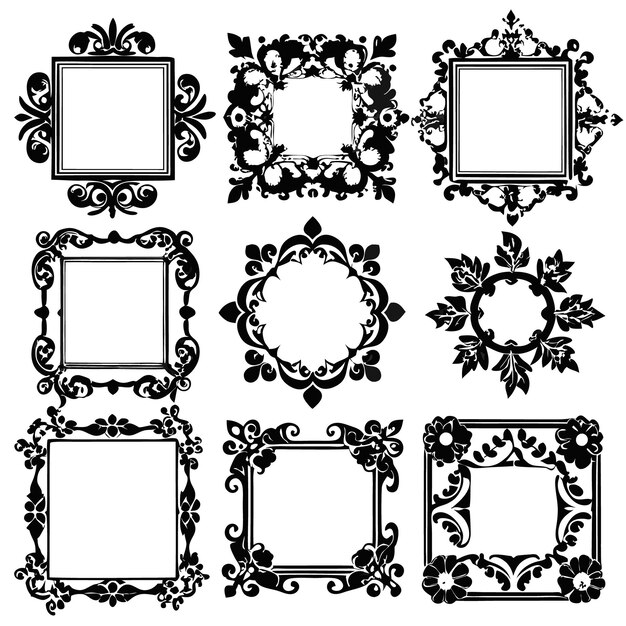 Conjunto de nueve marcos cuadrados ornamentados en blanco y negro con intrincados detalles florales