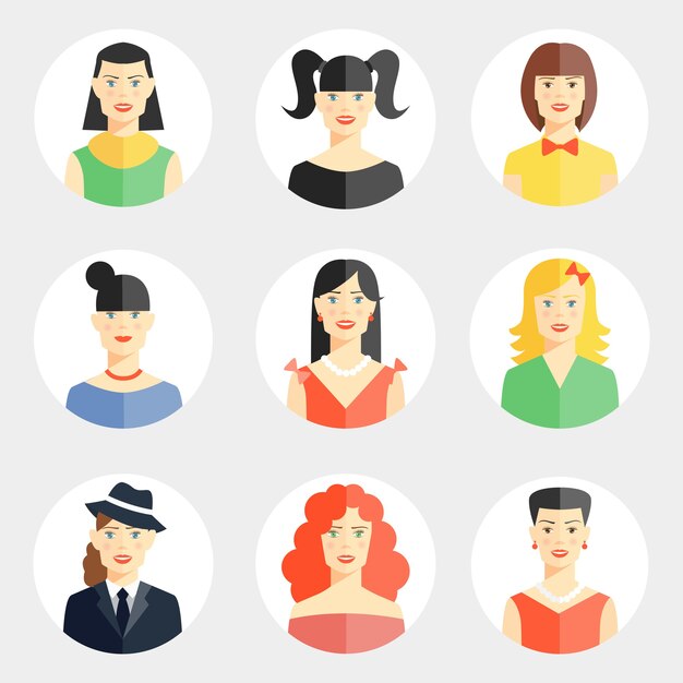 Conjunto de nueve rostros de mujer joven hermosa vector diferente en estilo plano